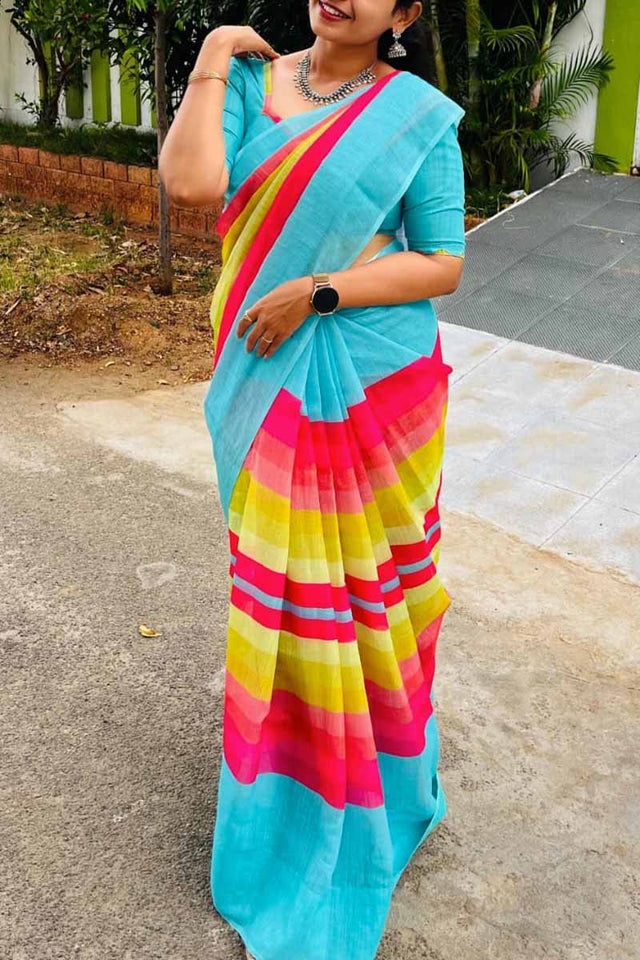 Linen Saree - Color Fusion Elegance | ClearTeal Blue – Menmai™