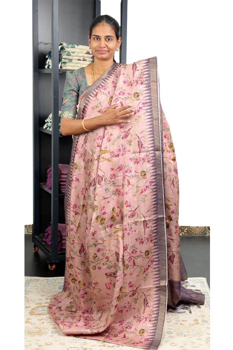 Pink Sea Pattern Tussar Saree With Checked Pattern | Light Pink + Affair Purple β Menmaiβ’