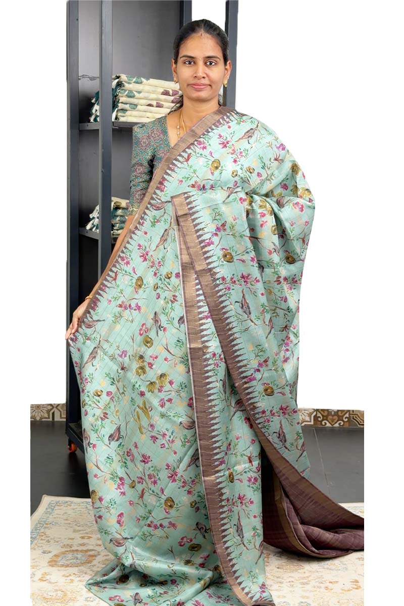 Tussar Saree With Checked Pattern | Powder Blue + Light Brown – Menmai™
